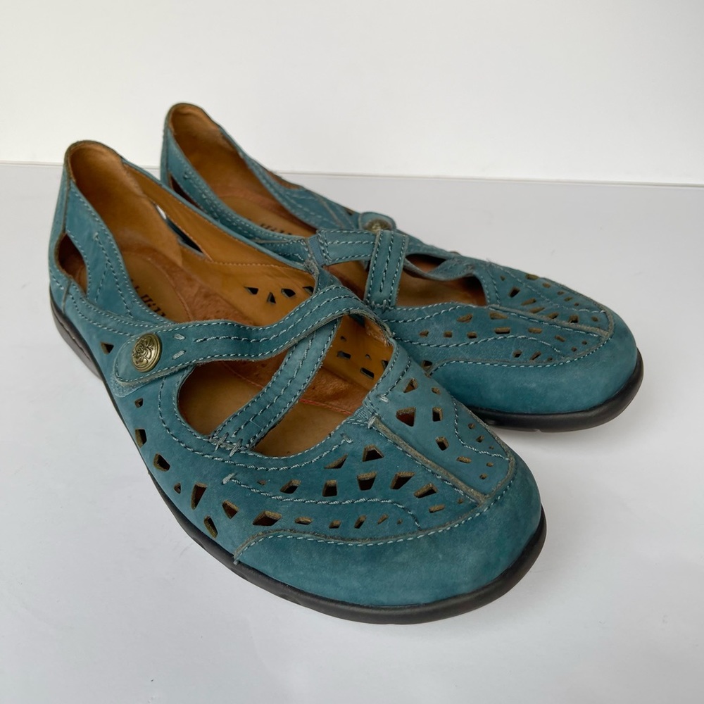 Cobb Hill New Balance Teal Suede Criss Cross Mary Janes Velcro Strap Sandals - Picture 3 of 10